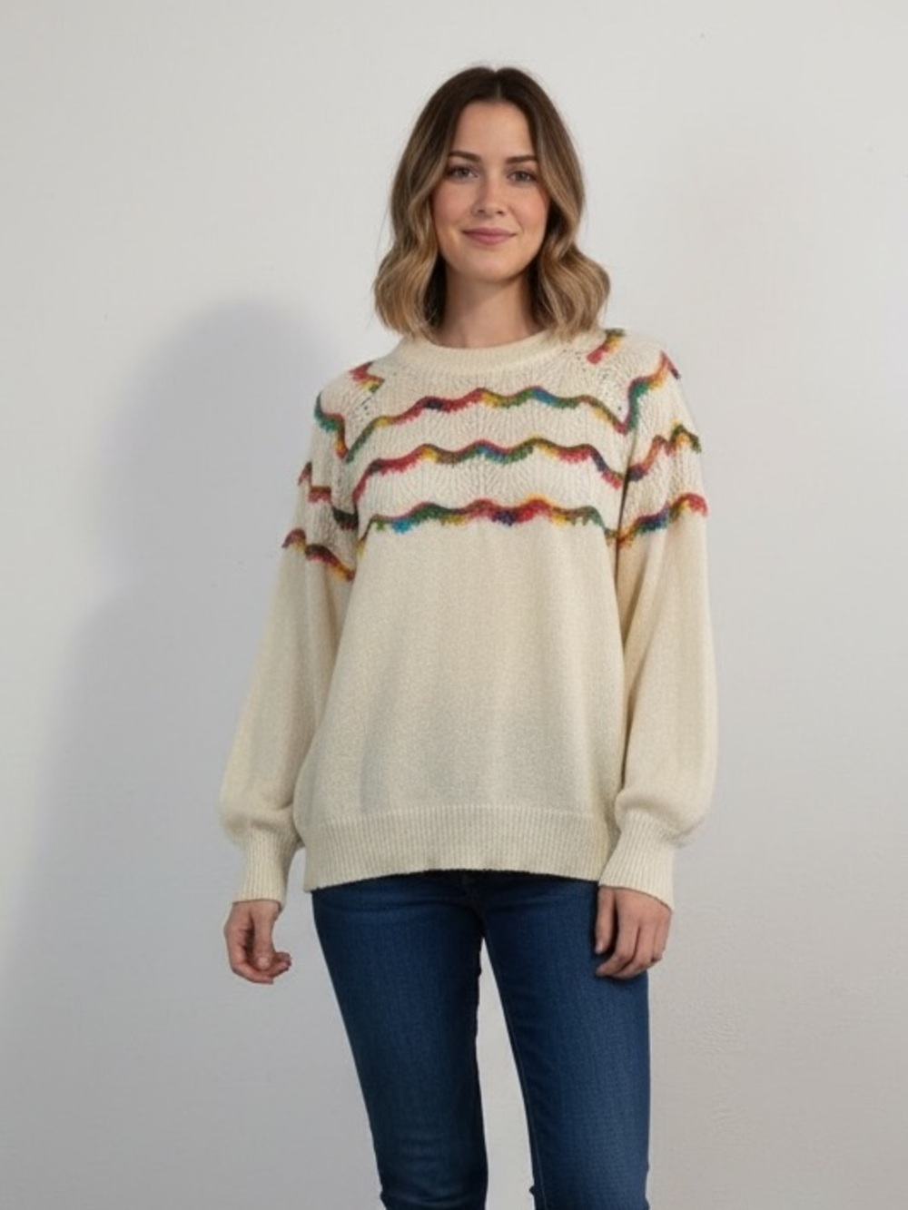 ANDTHEWHY Ivory Long Sleeve Sweater, Tie Neck, Multi Color Design, Eyelets S/M